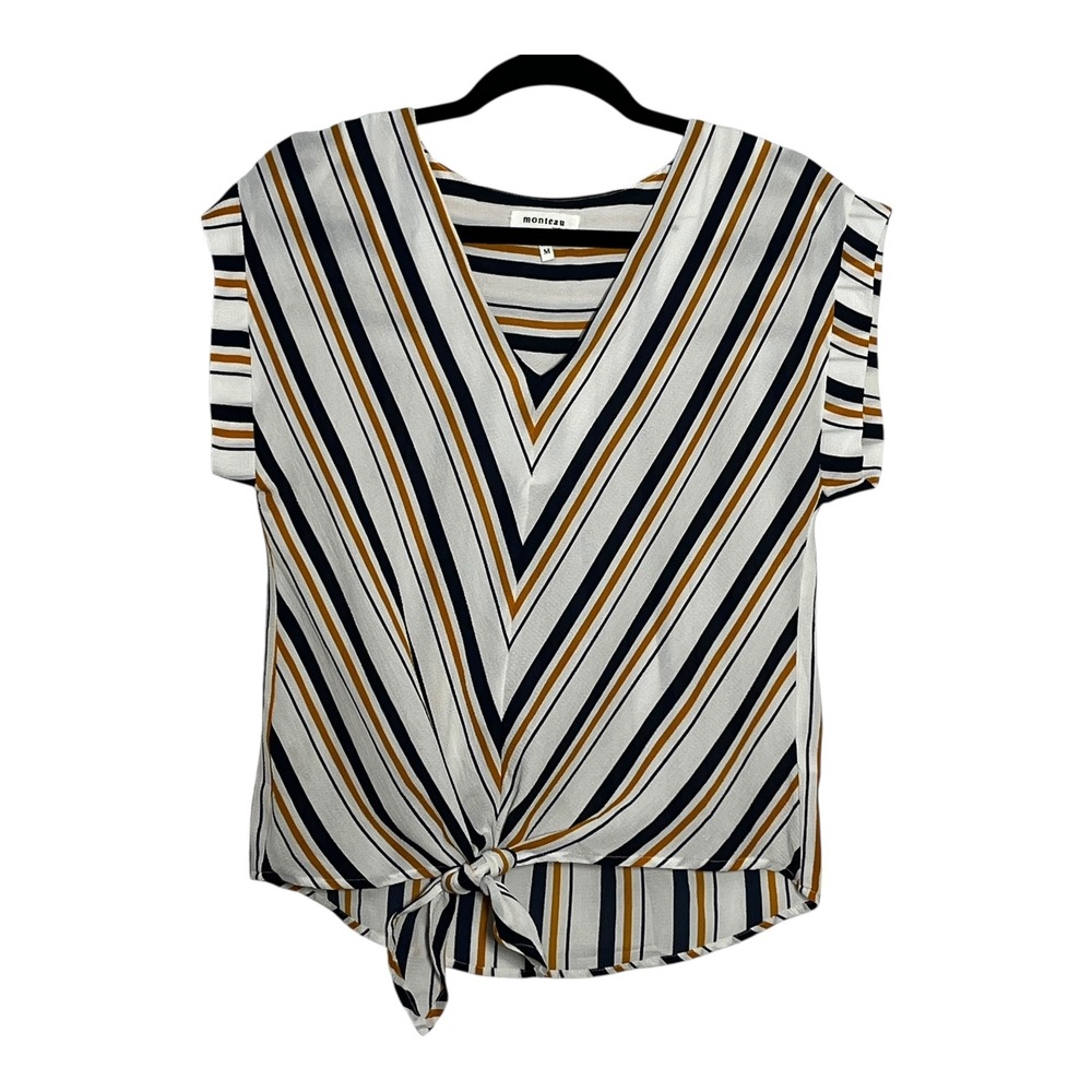 Monteau Los Angeles Womens VNeck Tie Front Striped Cap Sleeve Top Navy Mustard M